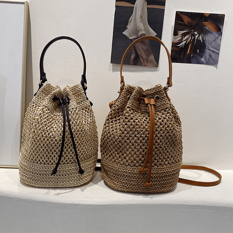 Drawstring Straw Woven Handheld Crossbody Bag - Exquisite Decorative Beach Bag