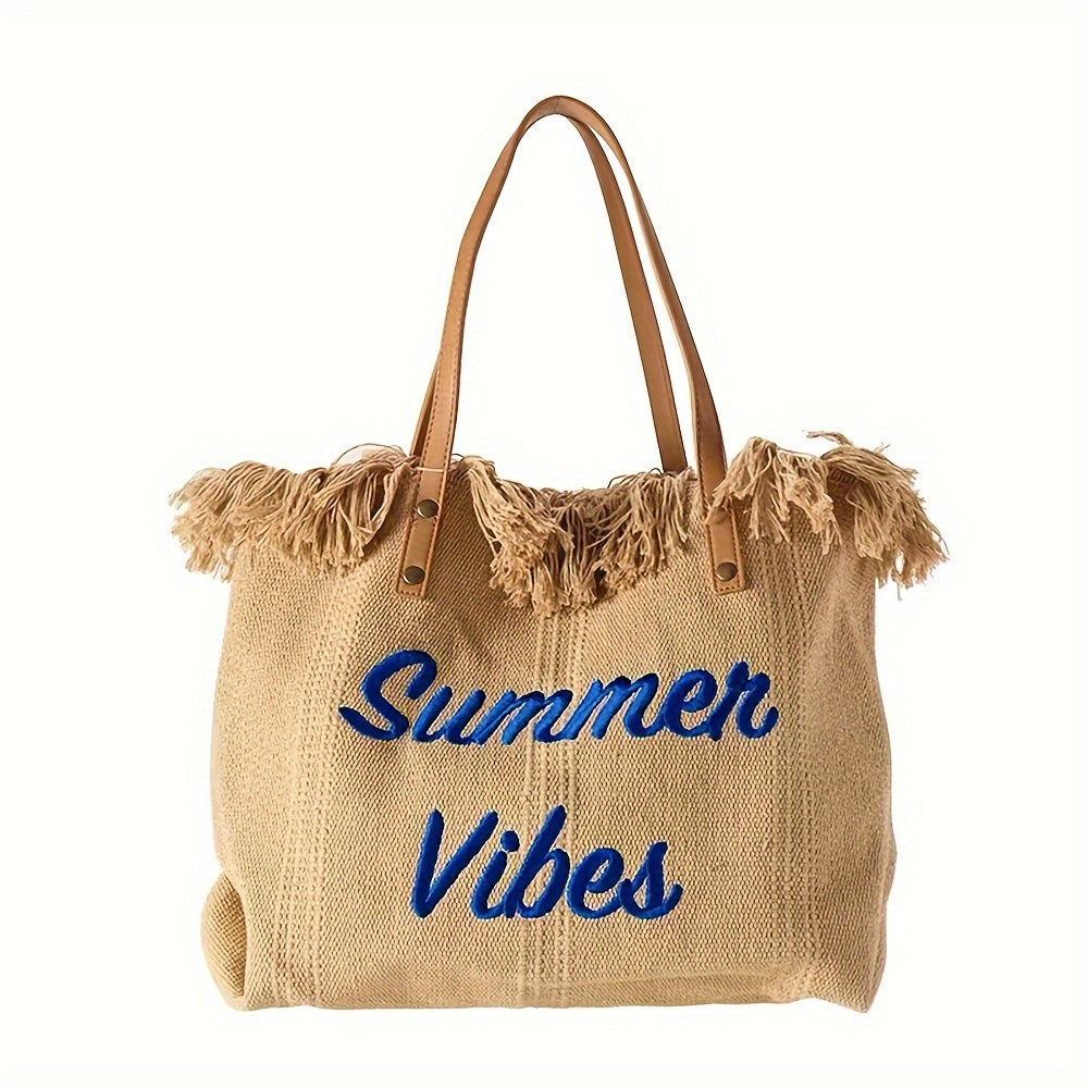 Letter Embroidery Tote Bag - Tassel Trim Canvas Beach Shoulder Bag