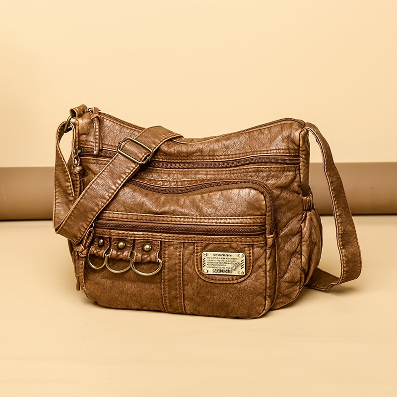 Vintage Crossbody Bag - Studded Decor Multi-Pocket Shoulder Purse