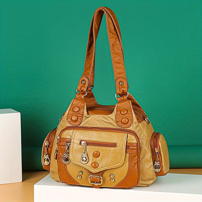 Vintage Studded Decor Shoulder Bag - Multi-Pocket Faux Leather Hobo Purse